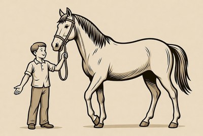 Boy leading horse illustration