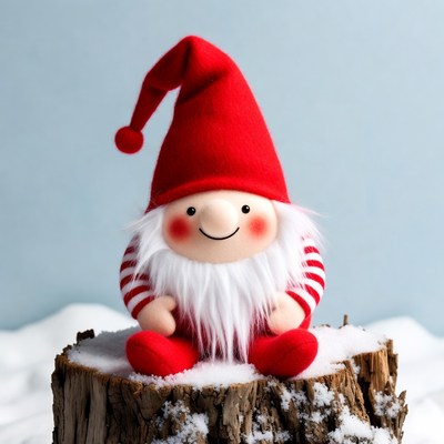 Cute Gnome Sitting on Snowy Stump
