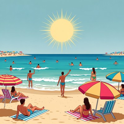 Crowded Beach with Sunbathers and Swimmers