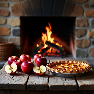 Apple Pie and Apples by Fireplace