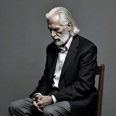 Elderly man with long white hair sitting