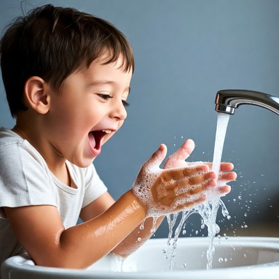 Boy washing hands with soap