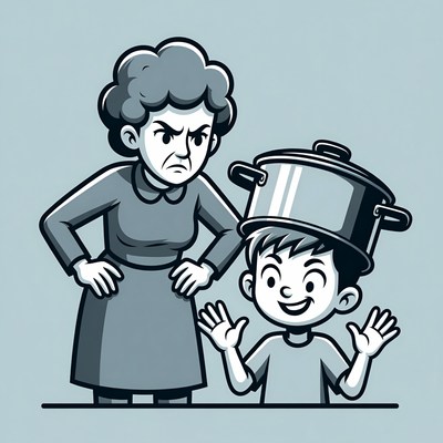 Angry grandma and boy with pot hat