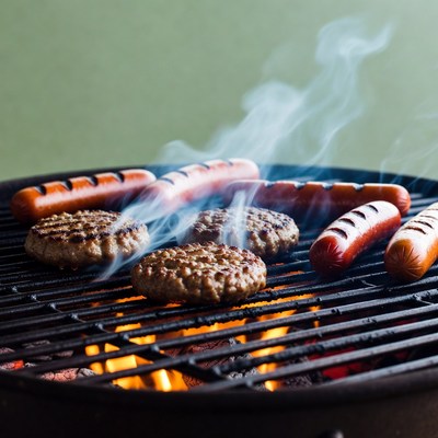 Grilled burgers and sausages on barbecue