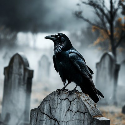 Raven Perched on Gravestone