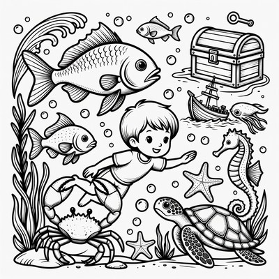 Boy Swimming with Sea Creatures Coloring Page
