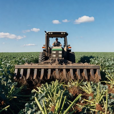 Farmer driving tractor in field