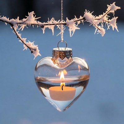 Heart Ornament with Candle on Icy Branch