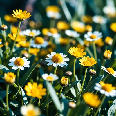 Yellow and White Daisies in Green Grass