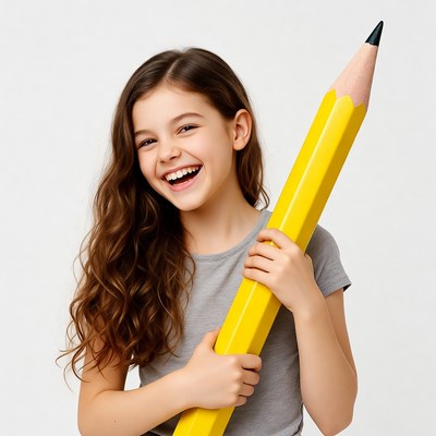 Girl holding giant yellow pencil