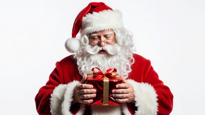 Santa Claus holding red gift box