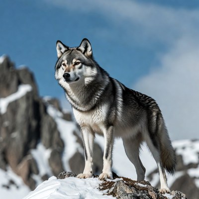 Gray Wolf Standing on Snowy Rock