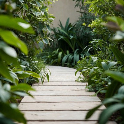 Wooden walkway through lush garden