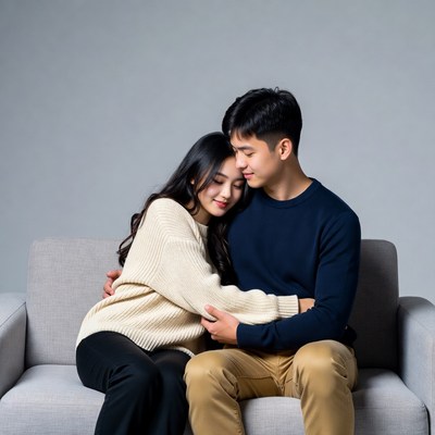 Asian couple hugging on couch