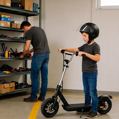 Boy with scooter and dad in garage