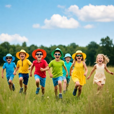 Children running in colorful outfits
