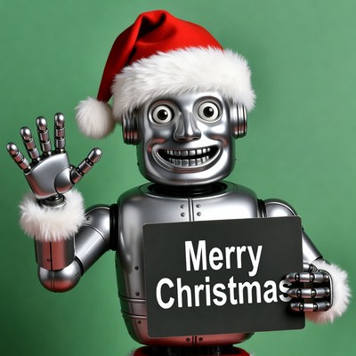 Robot waving Merry Christmas sign