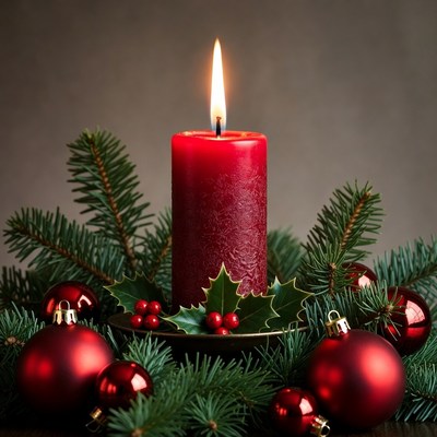 Red Christmas Candle with Ornaments