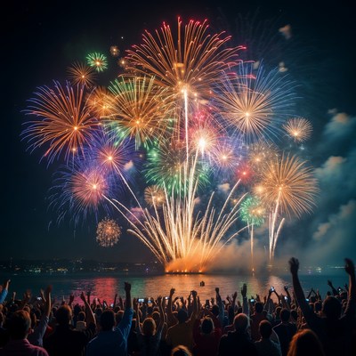 Crowd Cheering Fireworks over Lake