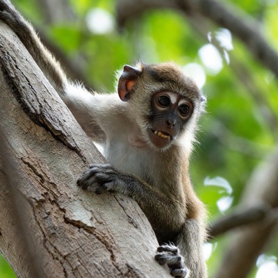 Vervet monkey climbing tree branch