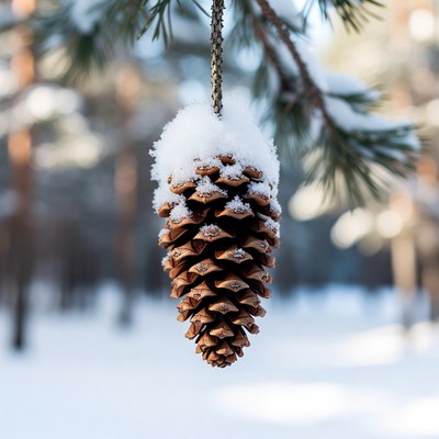 Snowy Pine Cone Hanging from Tree