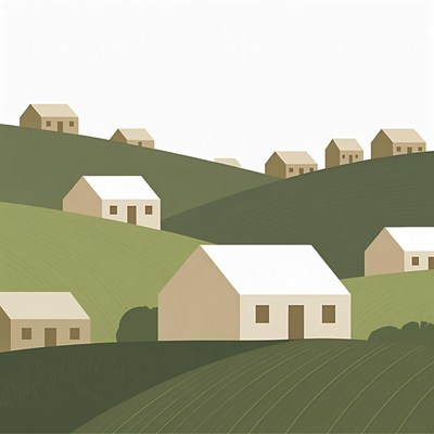 Houses on rolling green hills