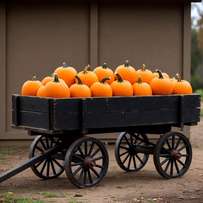 Orange pumpkins in wooden wheelbarrow