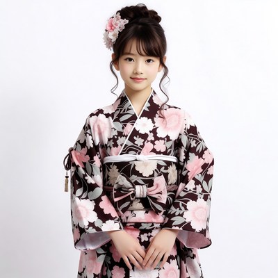 Young Asian girl in pink kimono