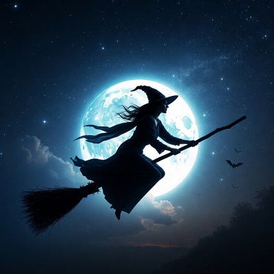 Silhouette witch flying on broomstick