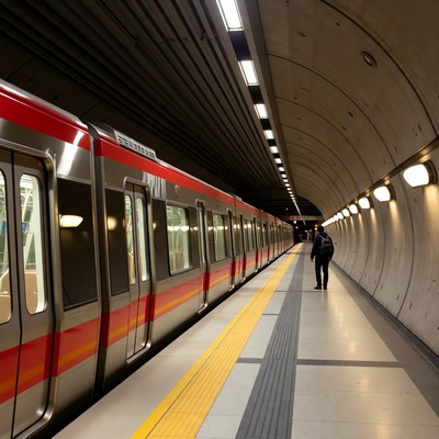 Man waiting for red train subway platform