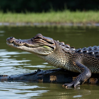 Alligator resting on log in swamp