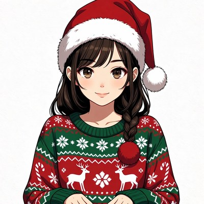 Anime girl in Santa hat and sweater
