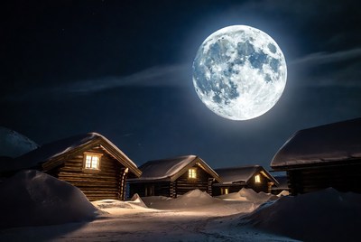 Snowy Cabins Under Full Moon