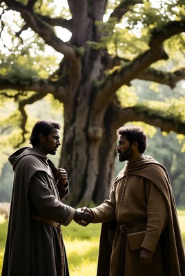 Two men in robes shaking hands