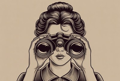 Woman peering through binoculars