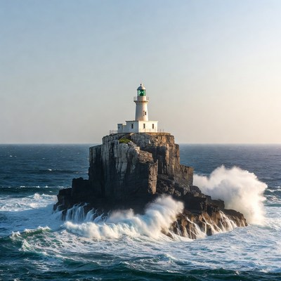 Lighthouse on rocky island with crashing waves