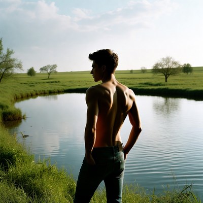 Shirtless man by pond in field