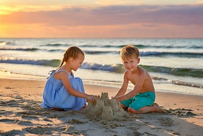 Boy and Girl Building Sandcastle on Beach