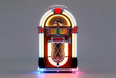 Vintage Neon Jukebox on Gray Background