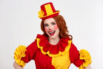 Woman in red yellow clown costume
