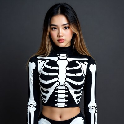 Asian woman in skeleton costume