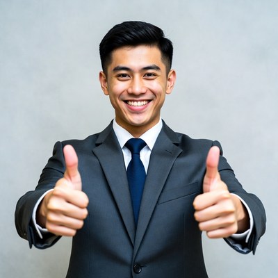 Asian man in suit giving thumbs up