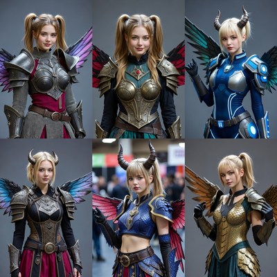Blonde women in colorful winged cosplay armor