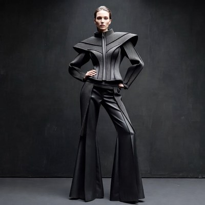 Woman in futuristic black leather outfit