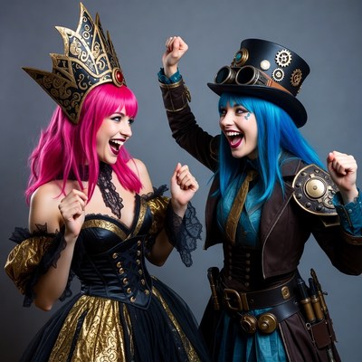 Pink-haired Queen and Blue-haired Steampunk Girl Celebrating