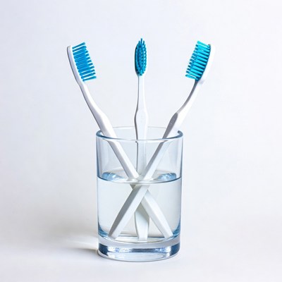 Three Toothbrushes in Glass of Water