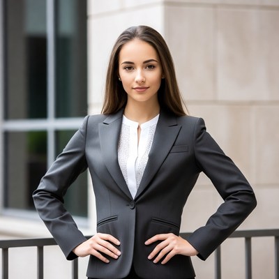 Young woman in suit hands on hips