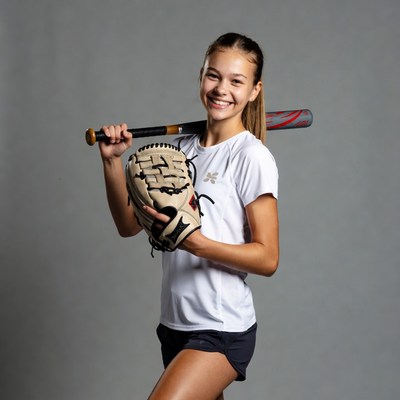 Teen girl holding baseball bat glove