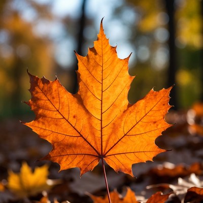 Vibrant orange maple leaf on forest floor