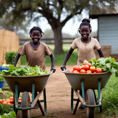 African girls pushing wheelbarrows of vegetables